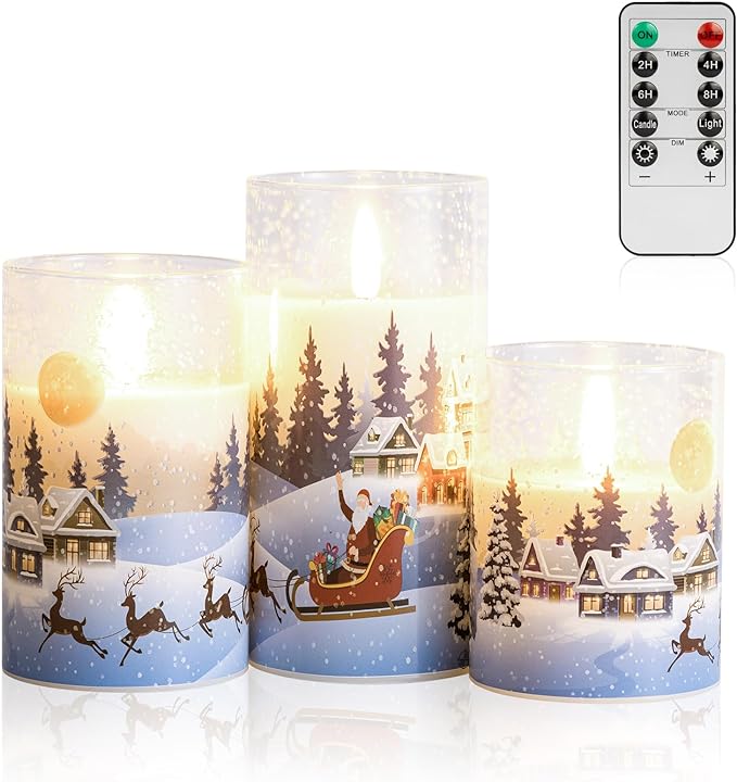 Christmas Flickering Flameless Candles with Remote - Glass Battery Operated LED Candle, Realistic 3D Wick Real Wax Holiday Flameless Pillar Candles, Set of 3 (Santa Decal)