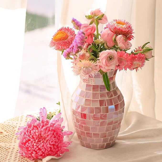Pink Vase for Flowers - Handmade Mosaic Glass Vase for Home Decor Modern Decorative Flower Vases for Bedroom Kitchen Living Room Centerpieces
