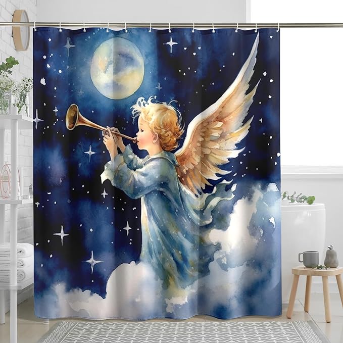 TPHIHPT Angel Shower Curtain Vintage Cute Bathroom Sets Romantic Renaissance Machine Washable Cloth Fabric Bathtub Shower Curtain with Design Bathroom Decor,Blue,72x72 Inch