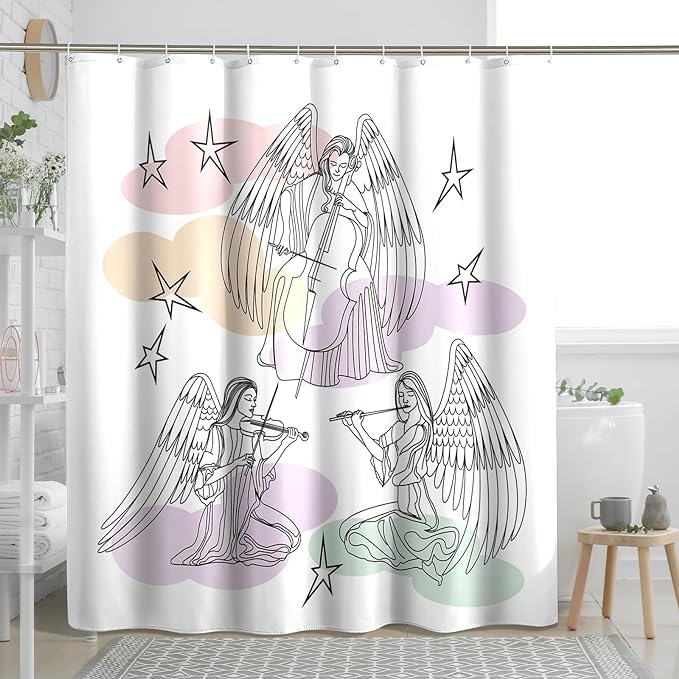 TPHIHPT Angel Shower Curtain Cute Bathroom Sets Romantic Renaissance Vintage Shower Curtain with Design Machine Washable Cloth Fabric Bathtub Bathroom Decor,White,72x72 Inch