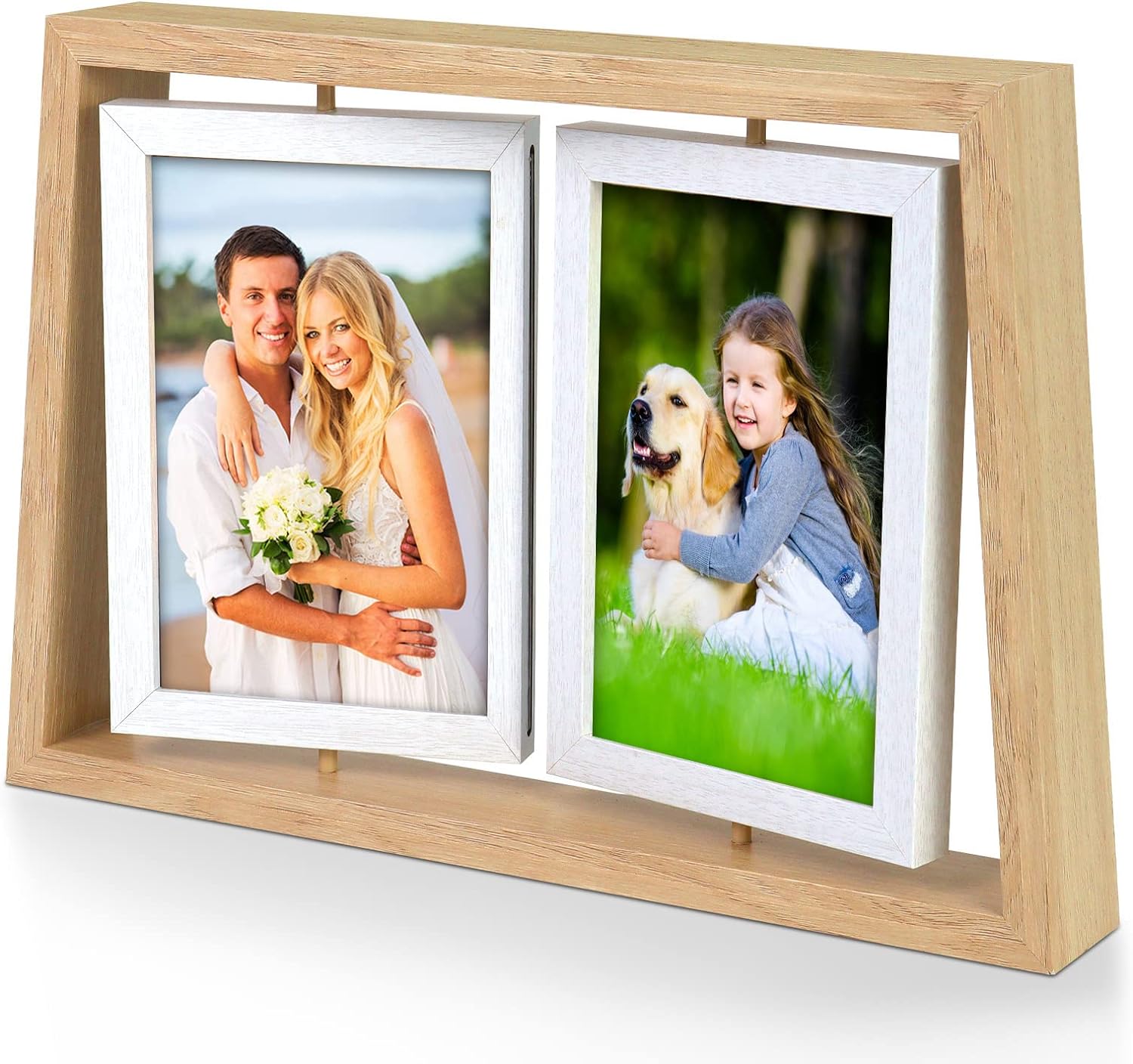 I really like the design of this frame. Easy access to change out photos. 6 photos that aren't stuck to one wall space. These frames can sit on a dresser top, end table, night stand, desktop, entry table endless locations.I will be ordering more.