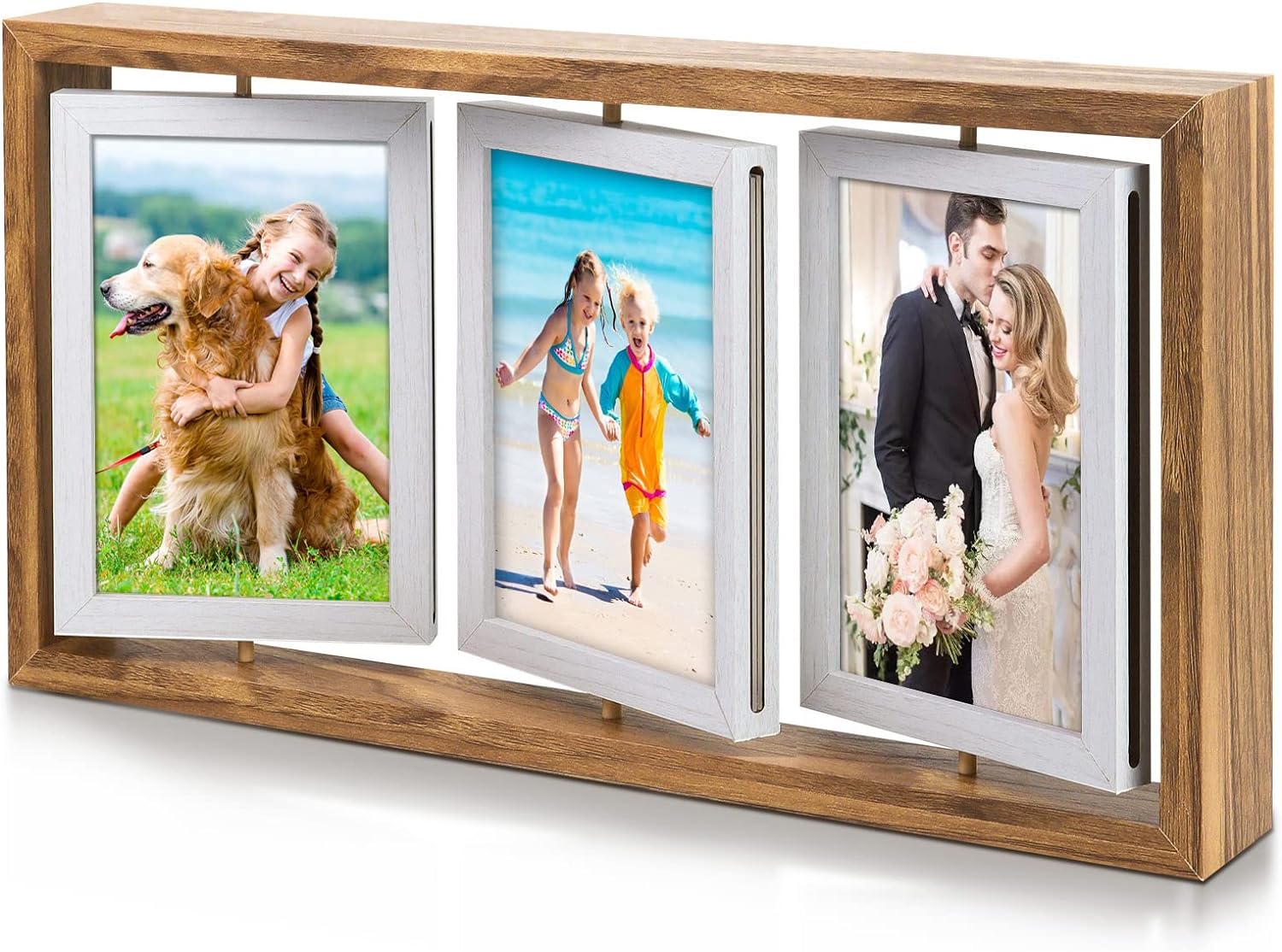 I really like the design of this frame. Easy access to change out photos. 6 photos that aren't stuck to one wall space. These frames can sit on a dresser top, end table, night stand, desktop, entry table endless locations.I will be ordering more.