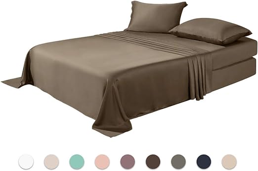 Whitney Home Textile Silky Soft 100% Bamboo-Derived Rayon Bed Sheet Set Queen Size 4 Pieces (1 Deep Pocket Fitted Sheet, 1 Flat Sheet, 2 Pillowcases) High Thread Count Solid Bedding Mocha