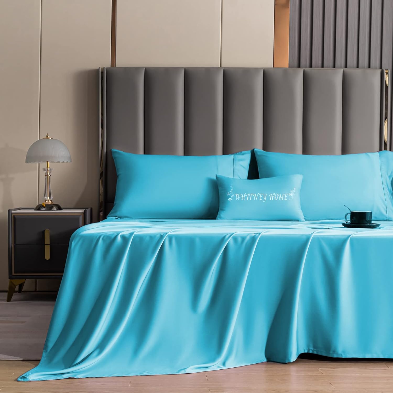 Queen Size Sheet Set Aqua Blue 4 Piece Bamboo Sheets Soft Breathable Fitted Sheet 16 Extra Deep Pocket Pure Luxury Hotel Collection Cooling Bamboo Bed Sheets Wrinkle Free Durable 90 x 102 Sheets