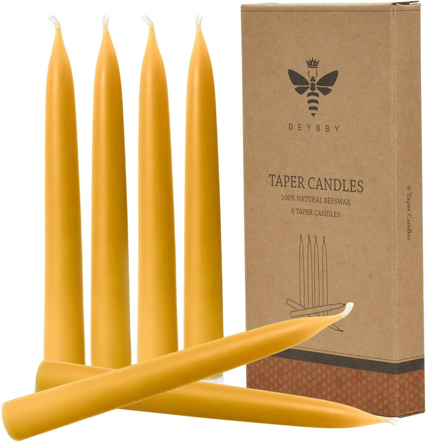 Natural Beeswax Taper Candles, DEYBBY Smokeless and Dripless Beeswax Candles 6 Pack, Long Lasting Burning Non Toxic, 10 inch