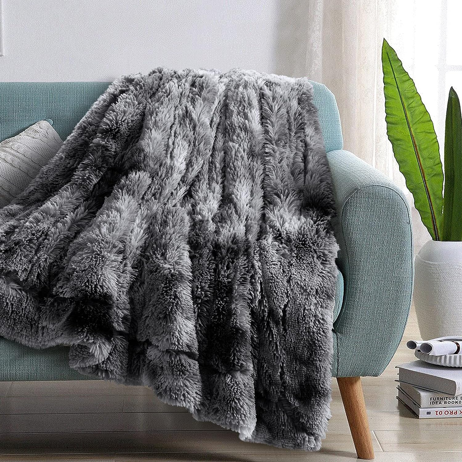 EASELAND Soft Faux Fur and Sherpa Shaggy Throw Blanket,Reversible Warm Thick Fleece Fuzzy Shag Throws, Luxury Furry Plush Fluffy Decorative Cozy Blankets for Couch Sofa Bed Chair(Tie Dye Grey,Twin)