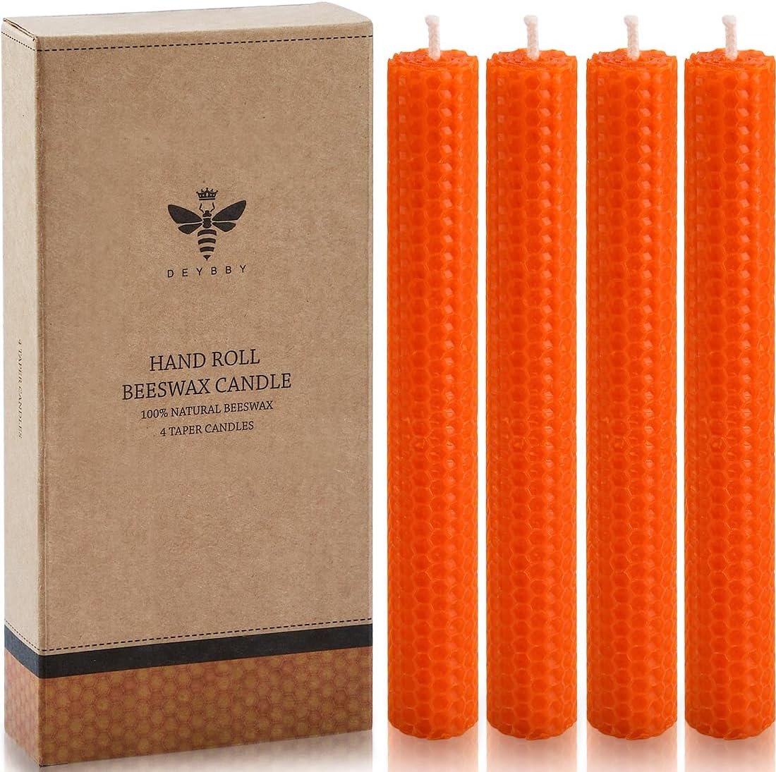 DEYBBY Natural Beeswax Taper Candles,Honeycomb Hand Rolled Beeswax Candles, Dripless and Smokeless Candle, Set of 4 Flat Top