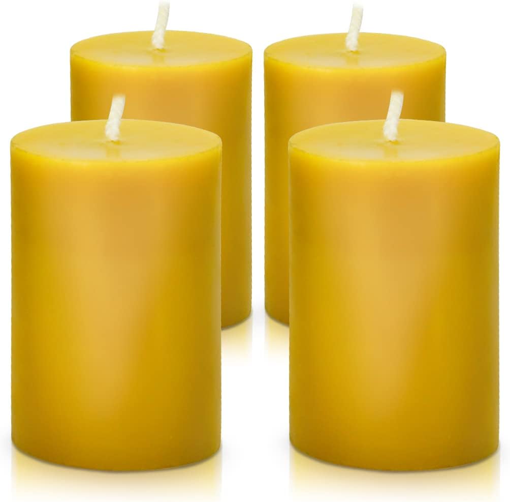 Natural Beeswax Pillar Candle 2x3 inch Set of 4, Dripless Smokeless Pure Brown Raw Beeswax Candle with Natural Scent for Prayer Home Relaxation,80 Hours Burning in Total