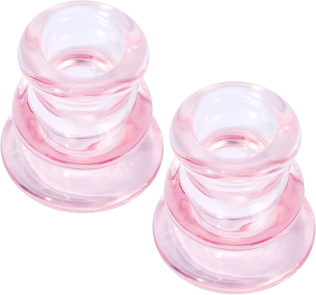 Pink Glass Candlestick Holders, Set of 2 Taper Candle Holders for Wedding, Decoration and Dinning