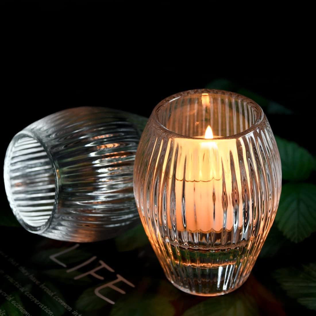 DEYBBY Ribbed Glass Taper Candle Holders - Clear Tealight Candle and Votive Candle Holders Set of 2 for Home Decor Party Holiday Wedding Centerpiece