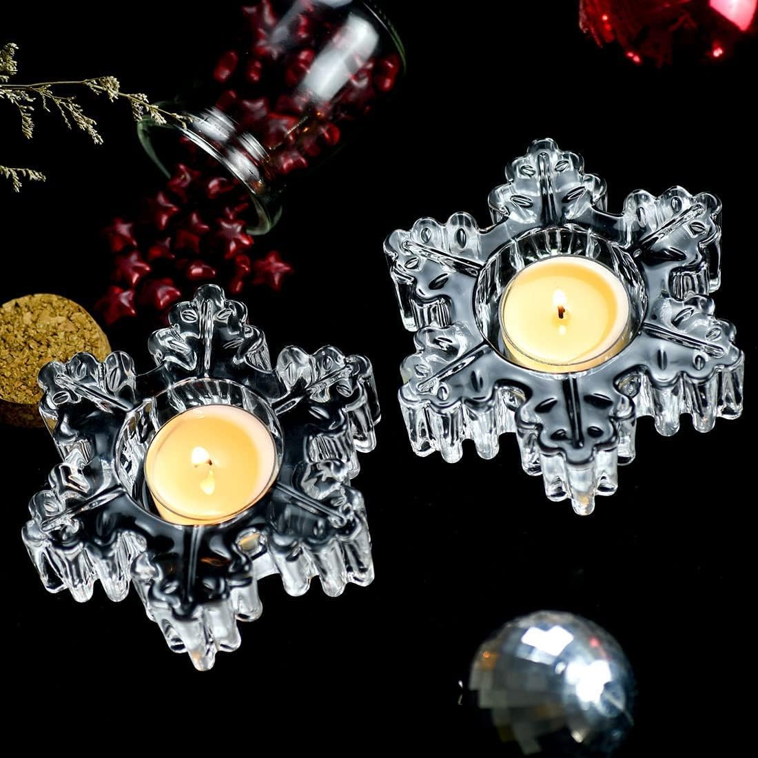 Glass Tealight Candle Holders Set of 2 - Crystal Clear Tea Candle Holders for Winter Home Decor Christmas Holiday Anniversary Wedding Centerpiece