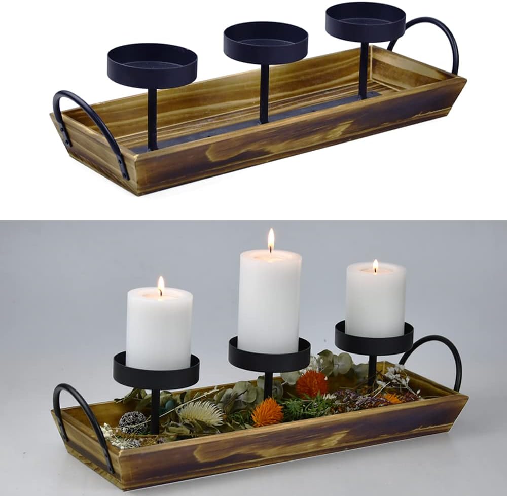 3 Black Metal Candle Holders with Rustic Solid Wood Tray and Handles for Pillar Candles for Indoor Outdoor Wedding Home Decor Dinner Centerpiece