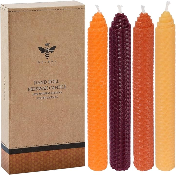 DEYBBY 8 Hand-Rolled Beeswax Taper Candles 6 Pack,Pure Natural Honeycomb Bee Wax Candle Cone Top,4Hour Burn Time