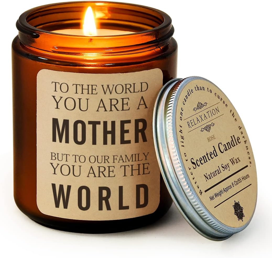 Mothers Day Candle for Mom from Daughter Son,8 oz Rose Scented Candle in Amber Glass Jar, 55 Hours Burning - Soy Candles for Home Decor