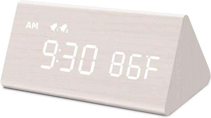 MOSITO Wooden Digital Alarm Clock with 0-100% Dimmer, Dual Alarm, Weekday/Weekend Mode, Snooze, Wood Made LED Clocks for Bedroom, Bedside, Desk, Kids (White)