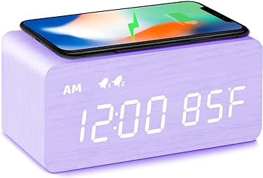 MOSITO Digital Wooden Alarm Clock with Wireless Charging, 0-100% Dimmer, Dual Alarm, Weekday/Weekend Mode, Snooze, Wood LED Clocks for Bedroom, Bedside, Desk, Kids (White)