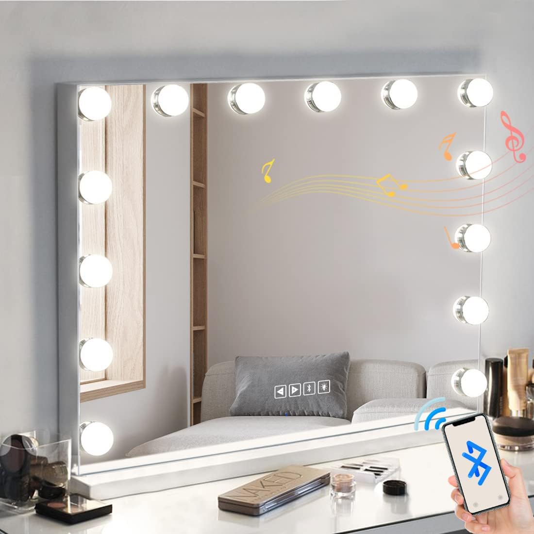 Hansong Vanity Mirror with Lights and Bluetooth Hollywood Makeup Vanity Mirror with 14 Bulbs 3 Color Lighting Modes Lighted Makeup Mirror with USB Charging Port