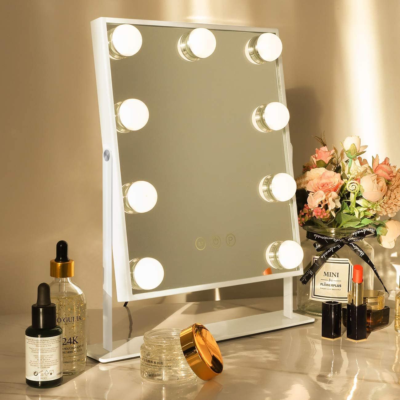 Hansong Vanity Mirror with Lights Lighted Makeup Mirror with 9 LED Bulbs Plug in Light Up Makeup Mirror with Lights 360 Rotation with 10x Magnifying Mirror Tabletop