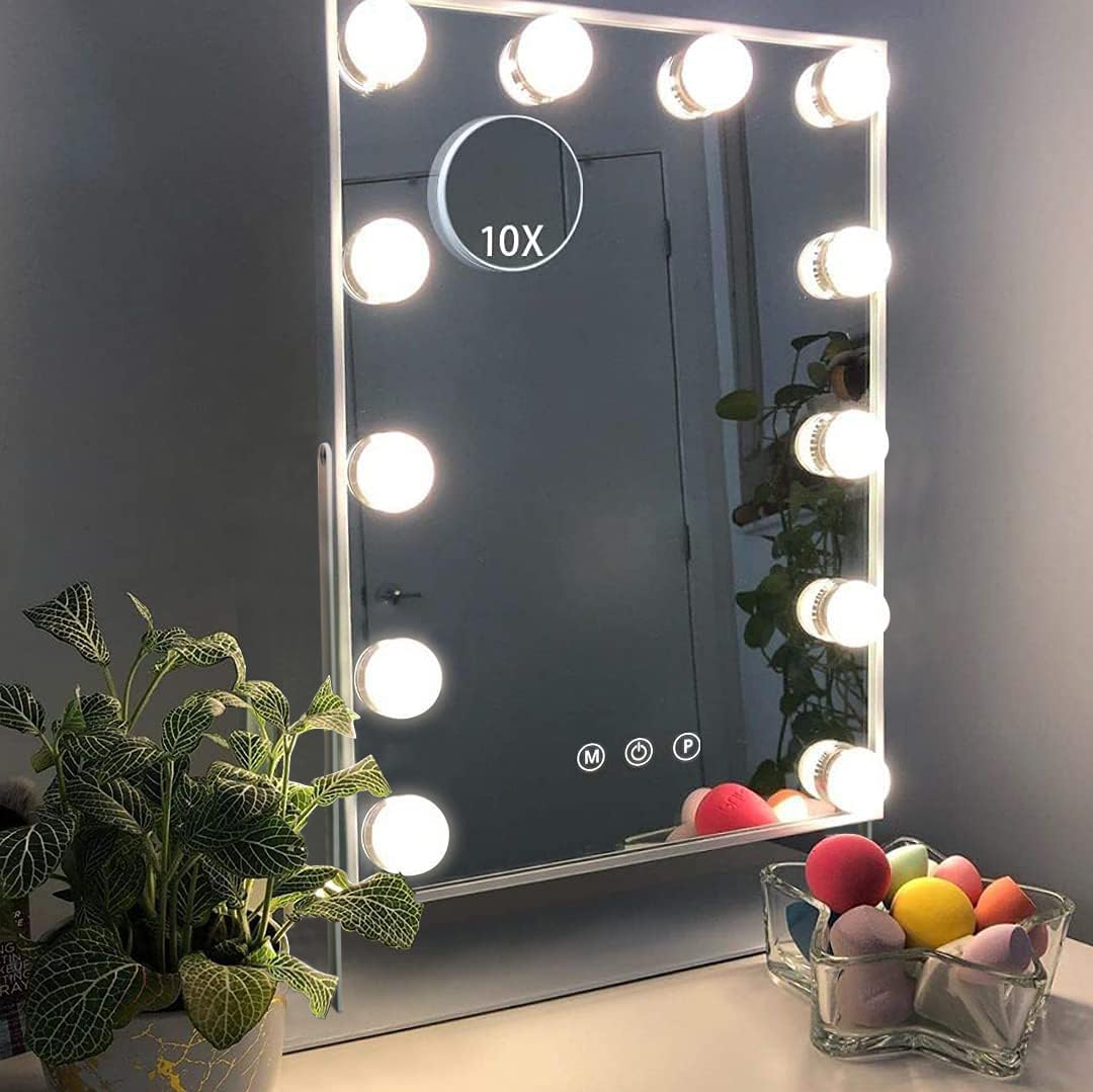 Hansong Vanity Mirror with Lights Makeup Mirror with Lights 12 Dimmable Bulbs Hollywood Lighted Makeup Mirror Detachable 10x Magnification 3 Color Lighting Modes