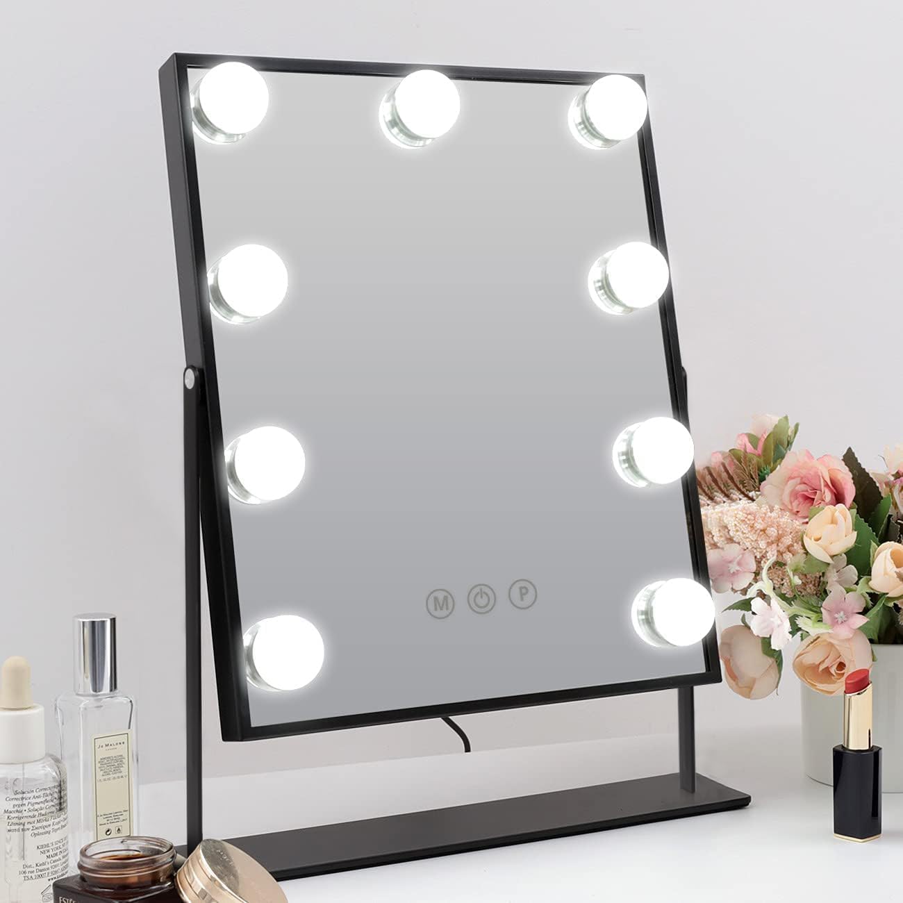 Hansong Lighted Vanity Mirror Makeup Mirror with Lights Hollywood Mirror with 9 LED Bulbs and Detachable 10X Magnification Black Vanity Mirror with Lights 360 Degree Rotation