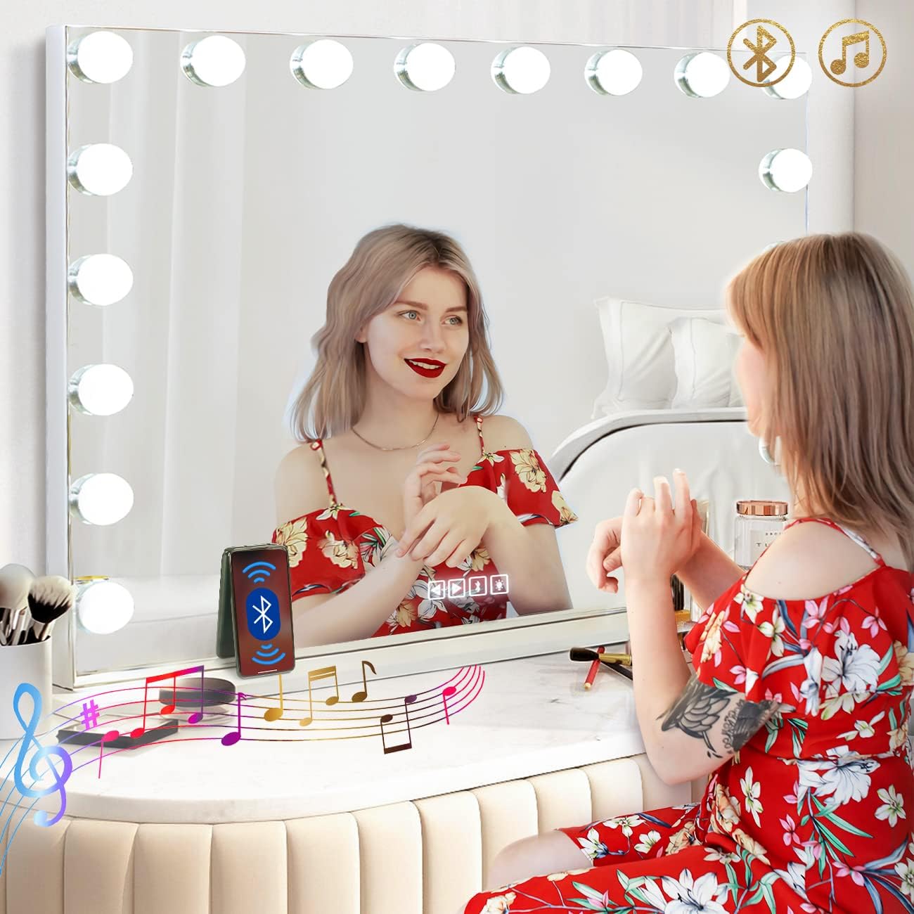 Hansong Vanity Mirror with Lights and Bluetooth Extra Large Hollywood Makeup Mirror with 18 pcs LED Bulbs Lighted Mirror with USB Charging,3 Color Lighting Modes Tabletop or Wall Mount