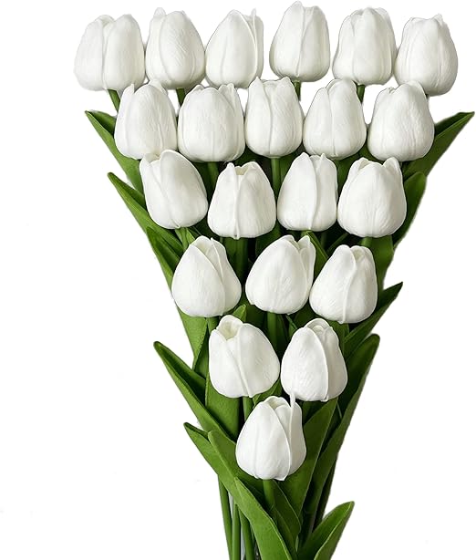 UKELER White Tulips Artificial Flowers 24 Pcs Real Touch Tulip Fake Flowers for Home Office Wedding Decor Bouquet DIY Wreath Flower Arrangement