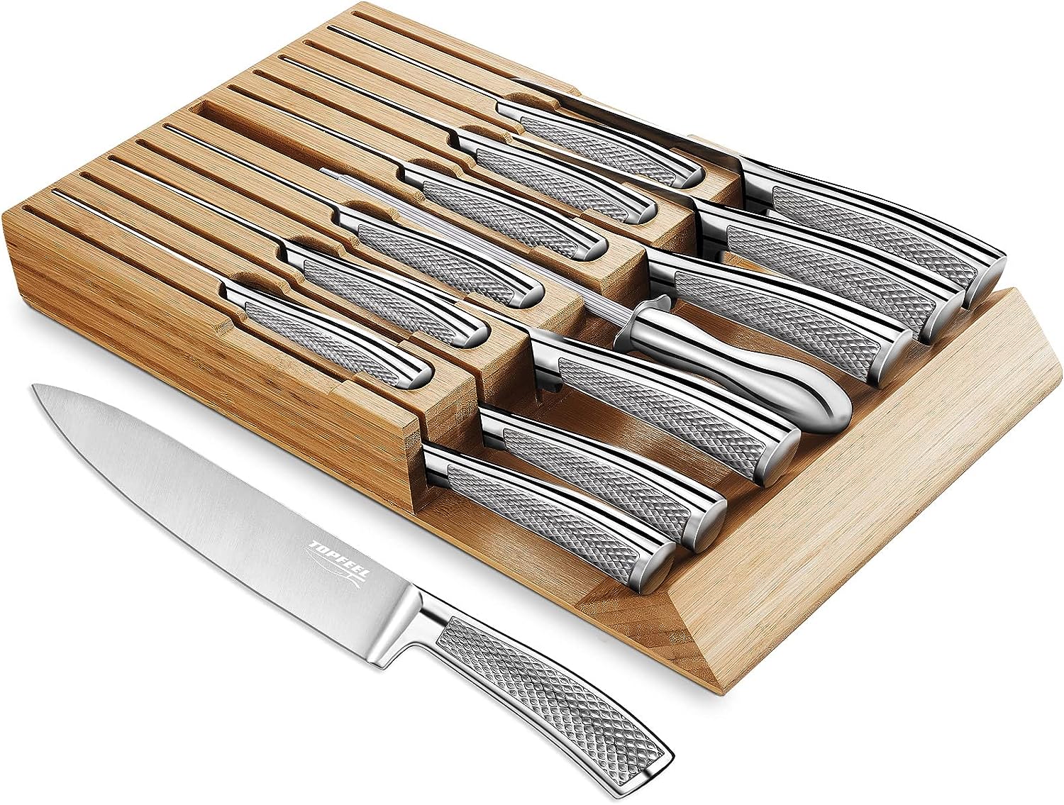 Great knife set! The set fit perfectly in our drawer. The knives are sharp and easy to clean. Also, they have a very sleek design. This would work great as a wedding or house warming gift.