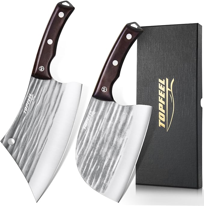 2PCS Butcher Cleaver Knife Set- Serbian Chef Knife & Heavy Duty Meat Cleaver Knife, Hand Forged Meat Cutting Chopping Knife for Home, Outdoor Cooking, Camping BBQ