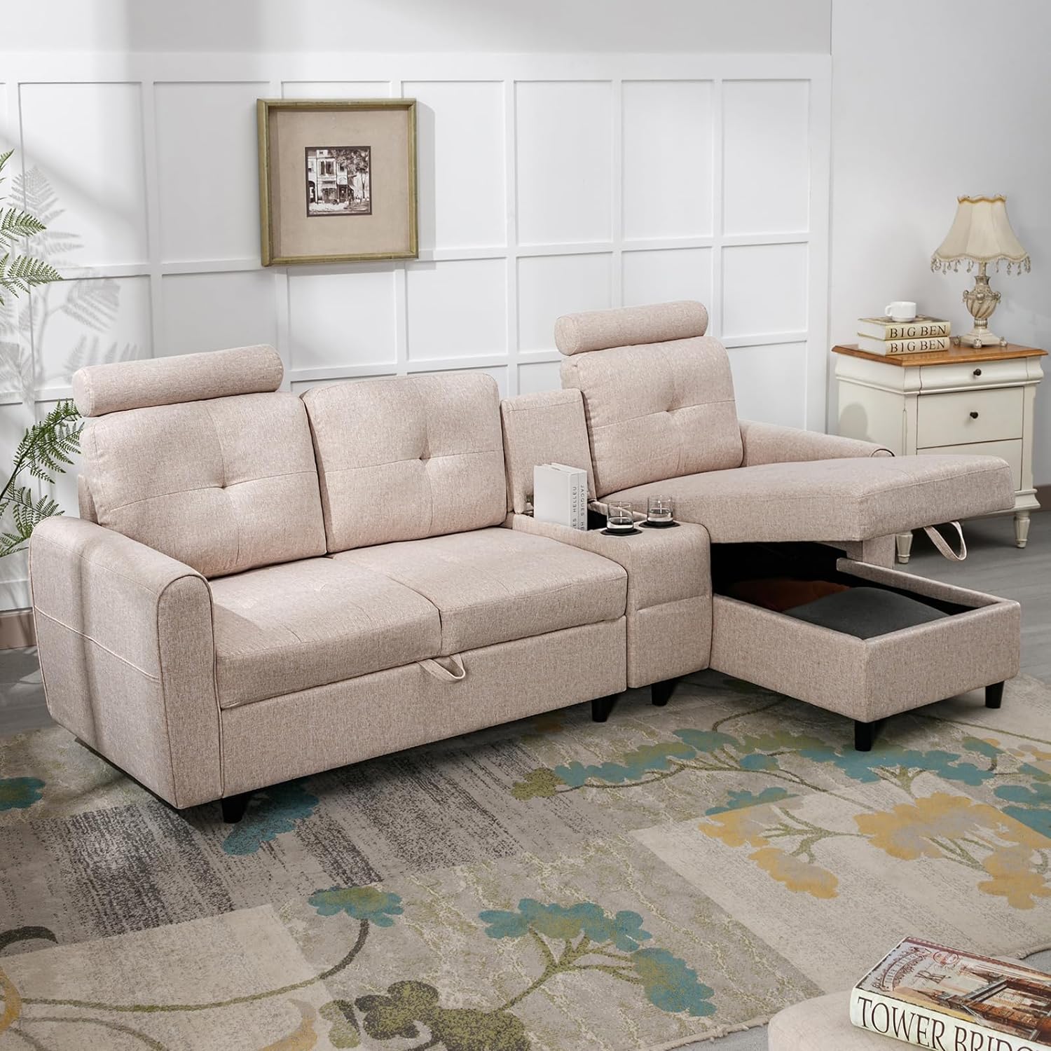 BALUS Beige Reversible Sectional Couch for Living Room, Upholstered Convertible L Shaped Sectional Sofa with Storage Chaise, Modern Modular Couches with Cup Holders and Neck Pillows