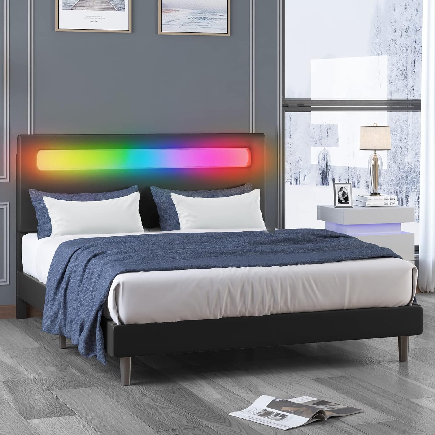 BALUS LED Bed Frame Queen Size, Upholstered Queen Platform Bed Frame with LED Lights Headboard/App Control Compatible with Alexa/Wooden Slats Support/No Box Spring Needed/Easy Assemble