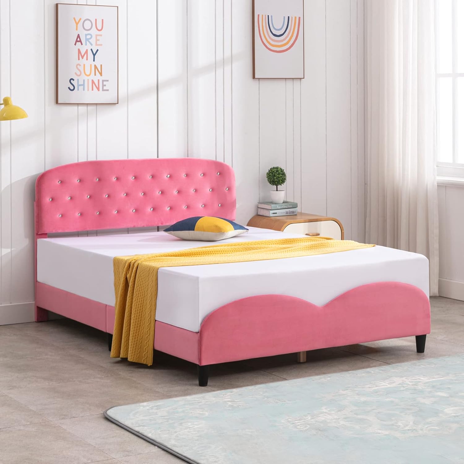 BALUS Bed Frames for Kids, Princess Bed, Children Bedroom Kids Bed, Wood Upholstered Bed Platform with Headboard Pink, Kids Boys Girls Bedroom, No Box Spring Needed, Easy Assembly(Diamond,Twin)