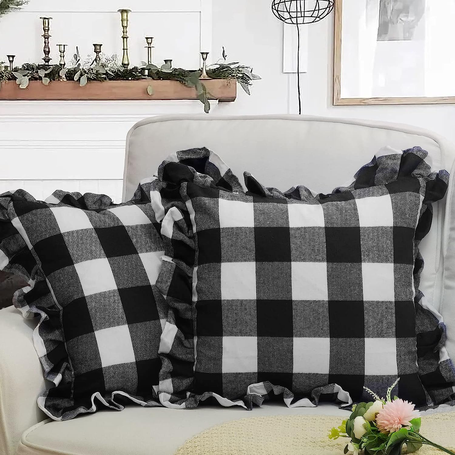 ZWJD Pillow Covers 18x18 Set of 2 Black and White Buffalo Plaid with Ruffle Fall Pillows Farmhouse Pillow Covers Fall Decorations Cushion Covers for Porch Decor,Couch