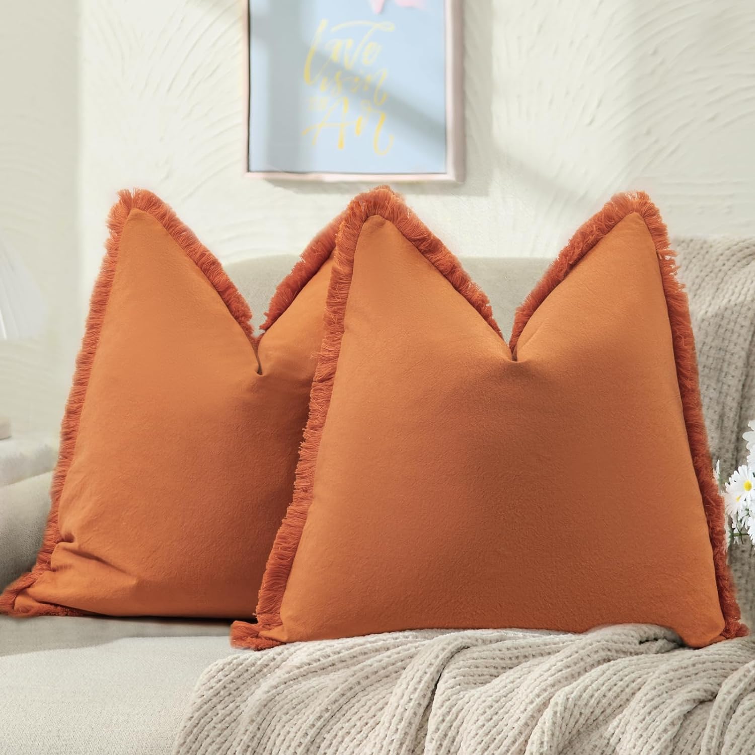 ZWJD Pillow Covers 20x20 Set of 2 Burnt Orange Throw Pillow Covers with Fringe Chic Cotton Decorative Pillows Square Cushion Covers for Sofa Couch Bed Living Room Farmhouse Boho Decor