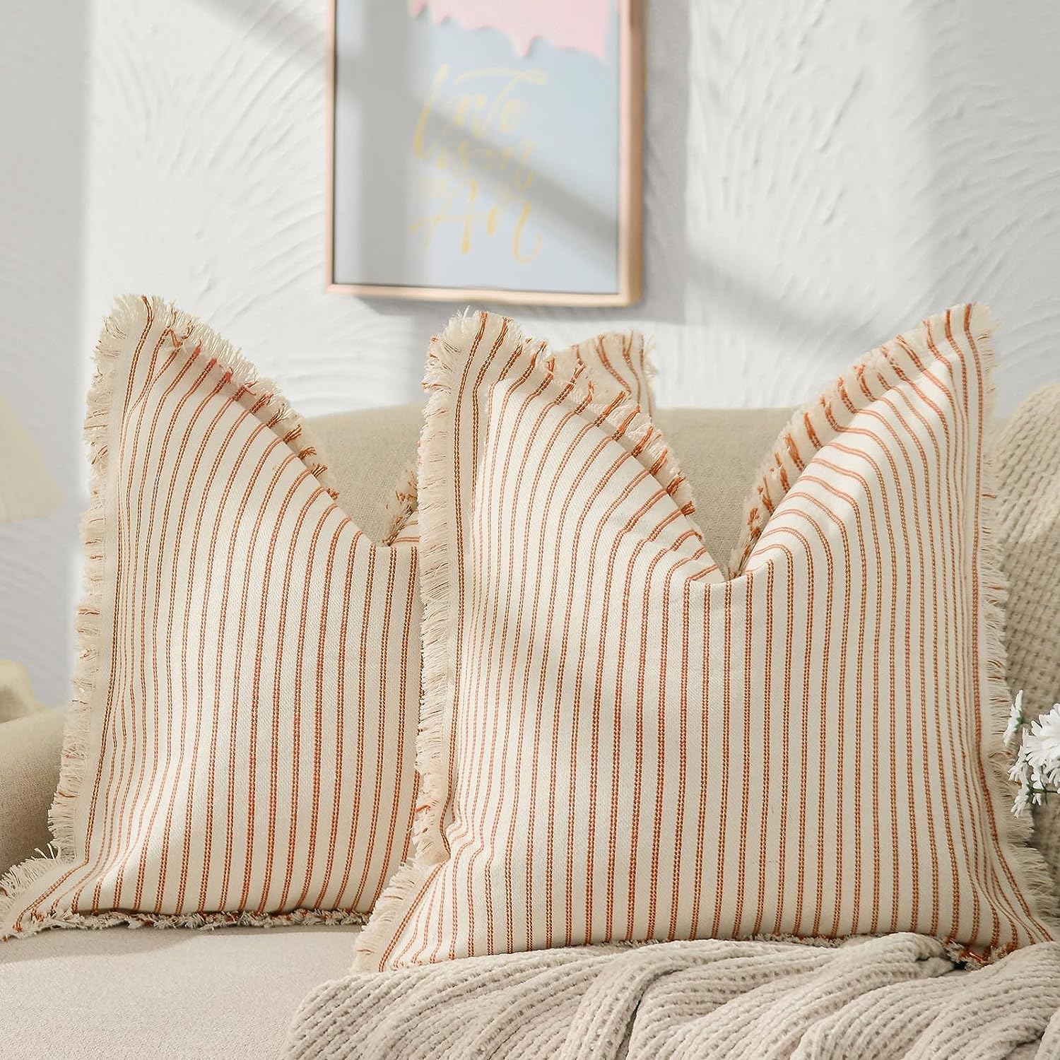 ZWJD Throw Pillow Covers 20x20 Set of 2 Striped Pillow Covers with Fringe Chic Cotton Decorative Pillows Square Cushion Covers for Sofa Couch Bed Living Room Farmhouse Decor