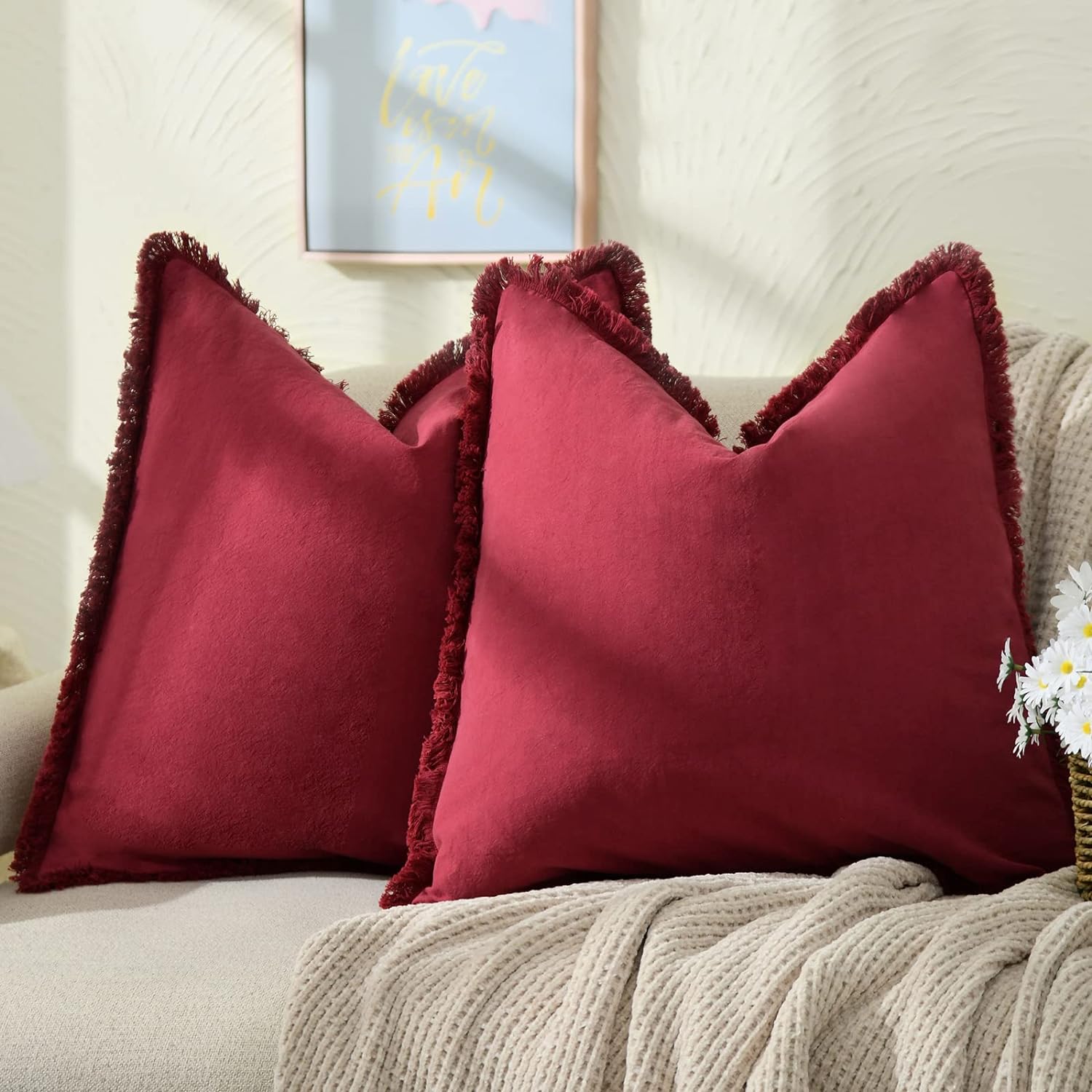 ZWJD Pillow Covers 18x18 Set of 2 Burgundy Throw Pillow Covers with Fringe Chic Cotton Decorative Pillows Square Cushion Covers for Sofa Couch Bed Living Room Farmhouse Boho Decor