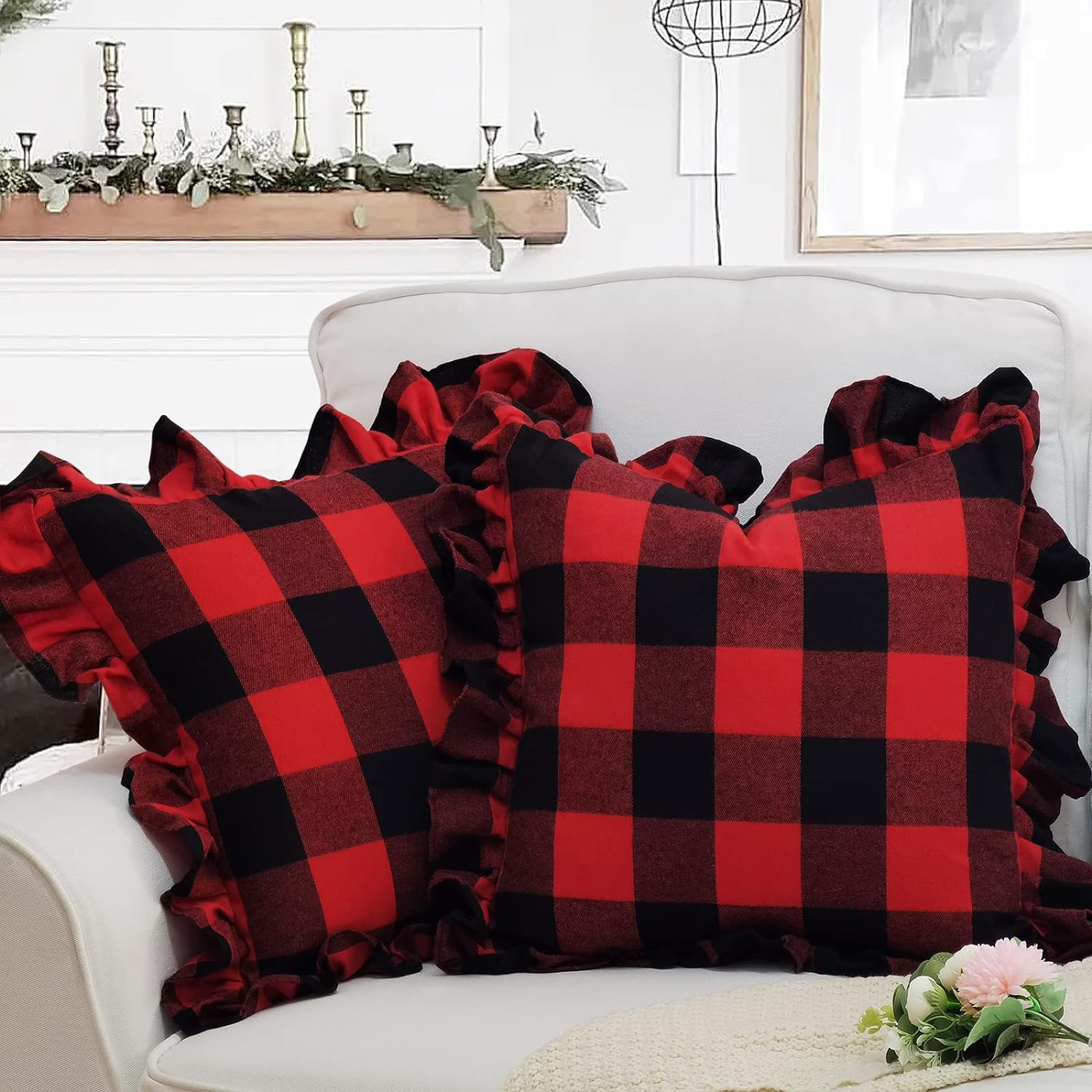 Roll over image to zoom inZWJD Pillow Covers 18x18 Set of 2 Red Buffalo Plaid with Ruffle Chirstmas Pillows Farmhouse Pillow Covers Christmas Decorations Cushion Covers for Porch Decor