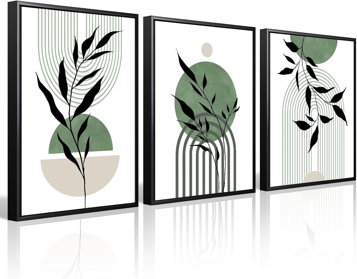 Mid Century Modern Wall Art Set of 3 Sage Green Canvas Wall Art Boho Prints Green Wall Decor Black Beige Abstract Wall Art Picture Mid Century Painting for Living Room Bedroom 16x24 Inch FRAMED