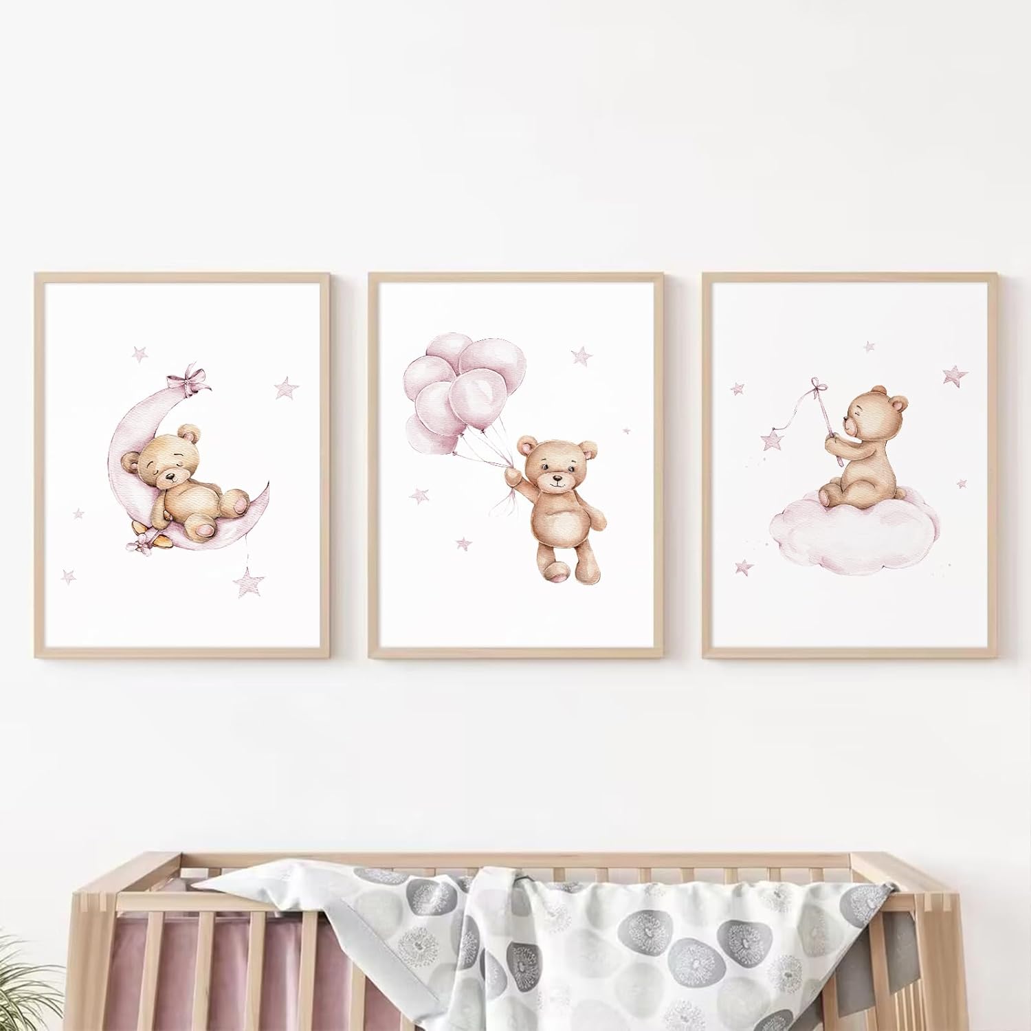 Bear Nursery Wall Art Decor Set of 3 Teddy Bear Wall Art Baby Girl Canvas Wall Decor Pink Pictures Balloon Nursery Children Prints Artwork Moon Star Cloud Art for Boys Room Bedroom 16x24 Inch Unframed