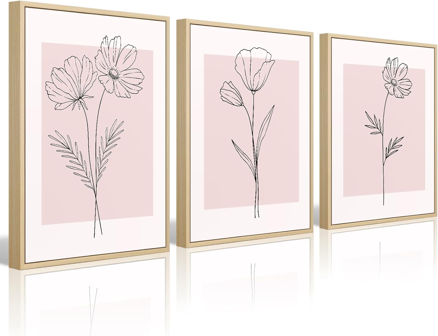 Botanical Wall Art Decor Set of 3 Pink Flower Wall Art Line Art Wall Decor Floral Wall Art Plant Pictures Minimalist Wall Art Botanical Canvas Prints Artwork for Living Room Home 12x16 Inch FRAMED