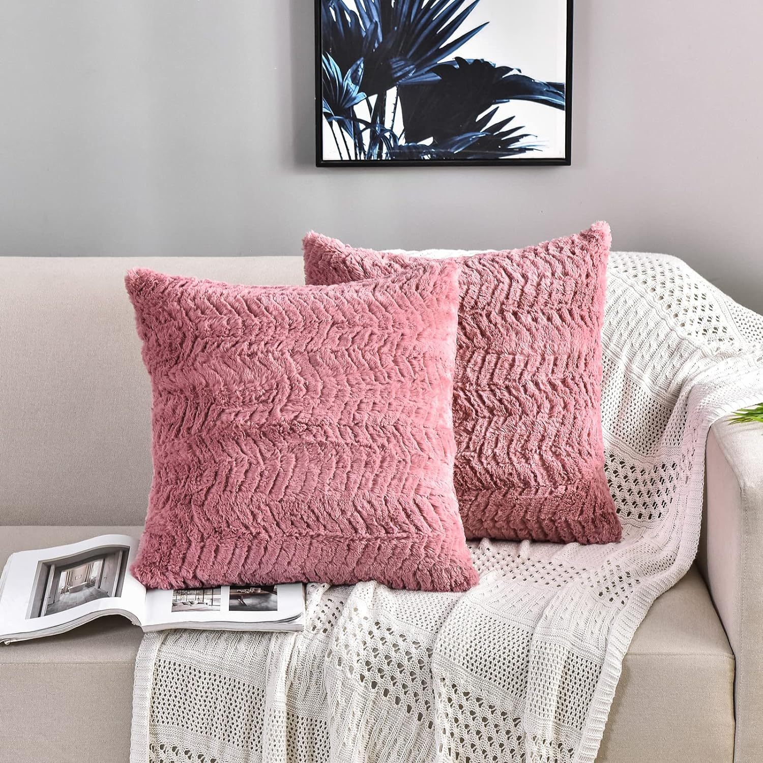 YUSOKI Luxury Faux Fur Throw Pillow Covers-18 x18,Set of 2-Plush Fuzzy Fluffy Cozy Pillow Cases for Sofa Couch Bedroom Without Insert(Pink,18x18)