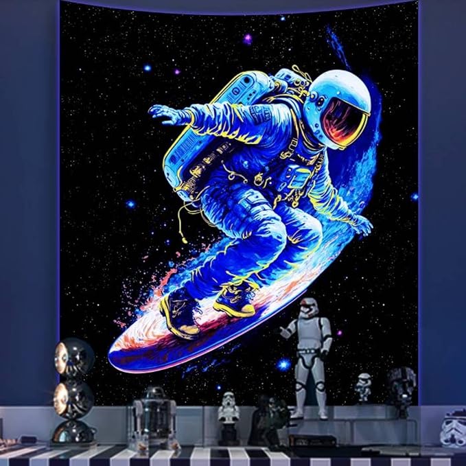 Blacklight Astronaut Wall Decor Tapestry for Men Guys Teen Boys Room Decor, Outer Space Poster Tapestries for Bedroom, Black Funny Galaxy Cool UV Art Wall Hanging for Living Room Dorm (51 x 60)