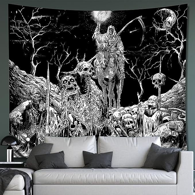 Apdidl Black and White Goth Skull Tapestry for Bedroom, Gothic Skeleton Halloween Wall Tapestries Aesthetic, Horror Ghost Rider Night Sky Moon Dark Wall Hanging Decor for Living Room 