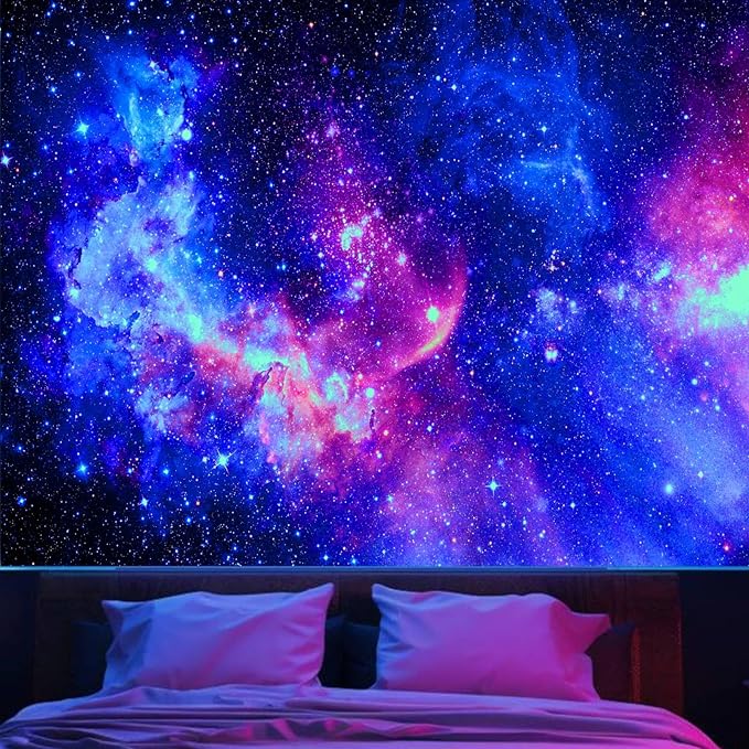 Blacklight Galaxy Tapestry for Bedroom Aesthetic Space Starry Sky Stars Universe Backdrop Black Light Poster Decor Wall Hanging Glow in the Dark Tapestry for Living Room Dorm Home Decoration