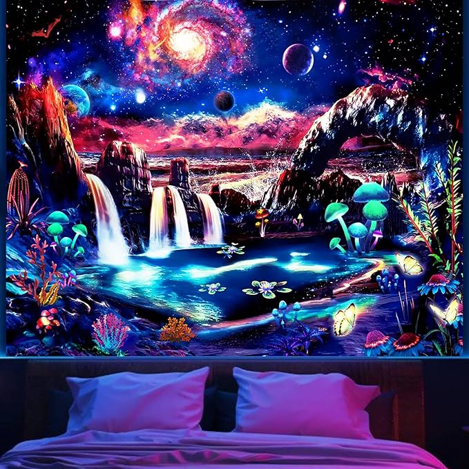 Apdidl Blacklight Galaxy Space Tapestry for Bedroom Aesthetic Mountain Mushroom Wall Tapestry Glow in the Dark UV Reactive Tapestry Decor Waterfall Wave Nature Wall Hanging for Room Decor 