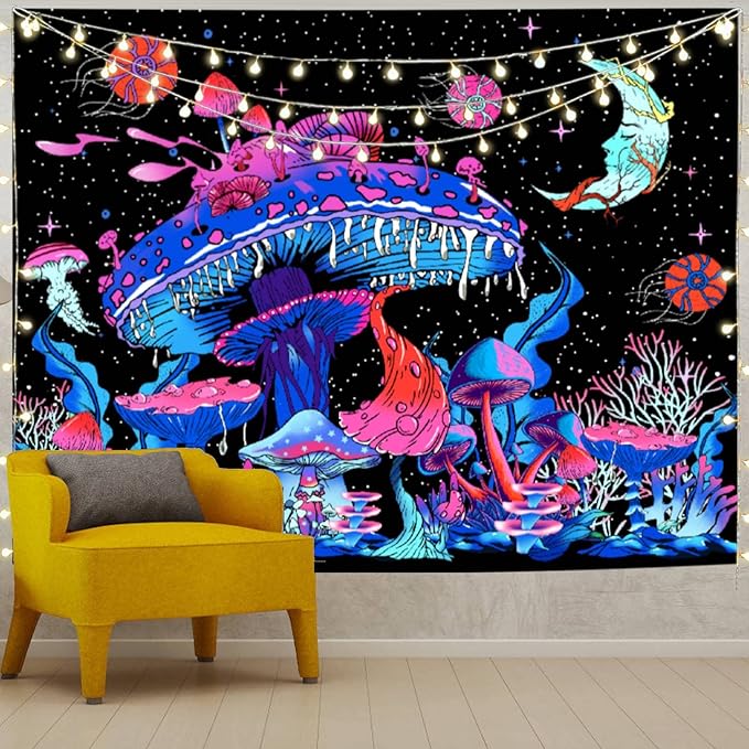 Apdidl Mushroom Tapestry for Bedroom Aesthetic Nature Plant Forest Moon Stars Mystical Night Sky Vintage Tapestry for Living Room Decor with Wall Hanging Accessories 