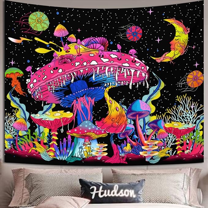 Colorful Mushroom Tapestry for Bedroom Aesthetic Nature Plant Forest Space Moon Stars Floral Tapestry Mystical Night Sky Wall Hanging for Living Room Halloween Decor with Accessories 