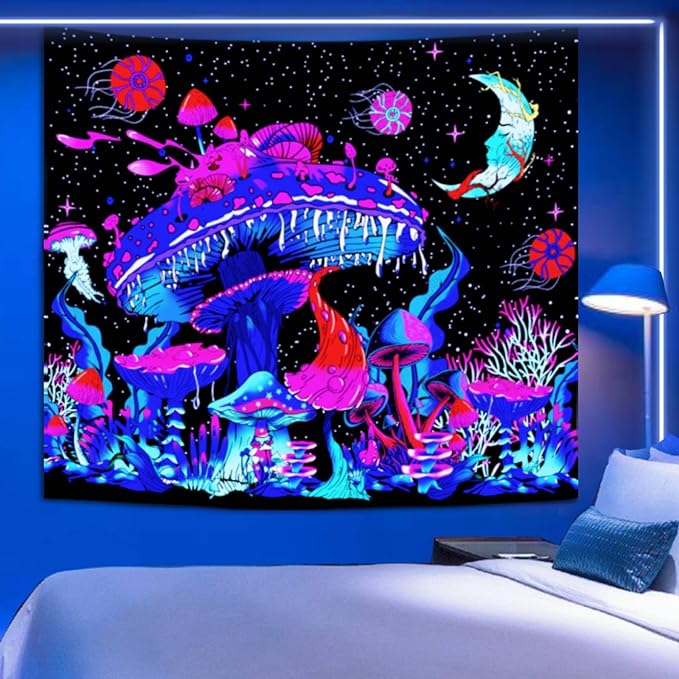 Colorful Mushroom Tapestry for Bedroom Aesthetic Nature Plant Forest Space Moon Stars Floral Tapestry Mystical Night Sky Wall Hanging for Living Room Halloween Decor with Accessories 