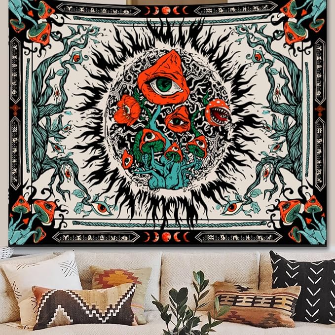 Apdidl Boho Sun Mushroom Wall Tapestry for Bedroom Aesthetic Decor, Hippie Sun Moon Eye Nature Plant Art Tapestries, India Vertical Funny Poster Wall Hanging for Dorm Living Room 