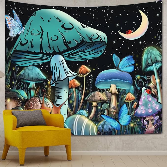 Apdidl Mushroom Tapestry for Bedroom Aesthetic Nature Plant Forest Snails Moon and Stars Blue Butterfly Tapestries Night Sky Tapestry Wall Hanging Decor for Dorm Living Room 