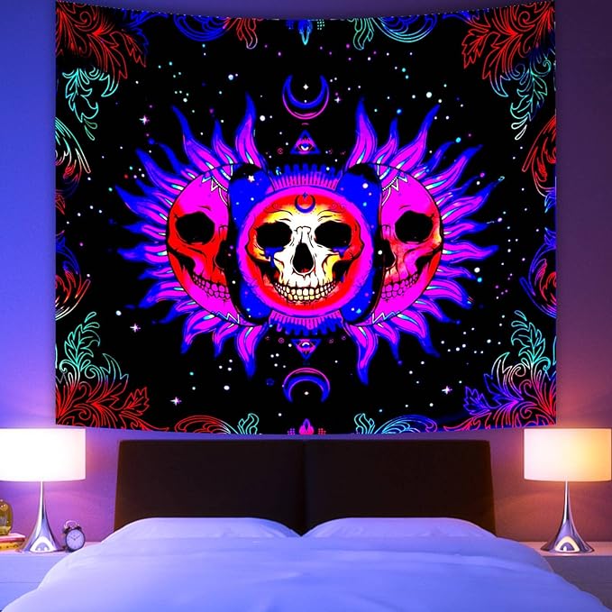 Apdidl Blacklight Skull Sun Tapestry for Bedroom Aesthetics Galaxy Space Moon Stars Tapestry UV Reactive Plant Tapestry Wall Hanging for Home Room Decor L60 H51